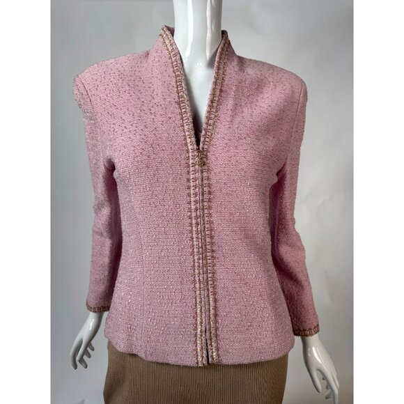 St. John Collection Pink Boucle Knit Jacket W/ Gold Trim Size 2 - Picture 12 of 16